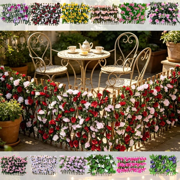 Expandable Foliage Privacy Screen for Balcony, Artificial Fence Panel with Strong Weather Proof Mesh, Hedging for Patio Garden Outdoor Use by IHHXPRO (1, Light Pink Freesia)