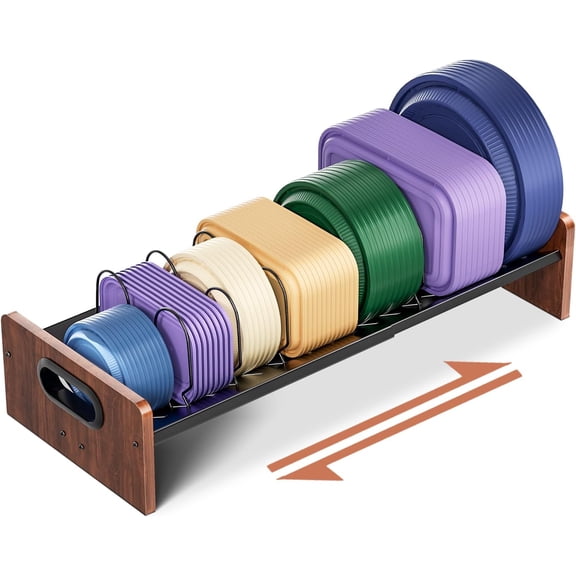 Expandable Food Container Lid Holder Organizer, Adjustable 13.97-22 Inch V-Shaped Kitchen Cabinet Storage Rack with 20 Slots & 6 Adjustable Dividers for Lids, Cutting Boards, Baking Pans