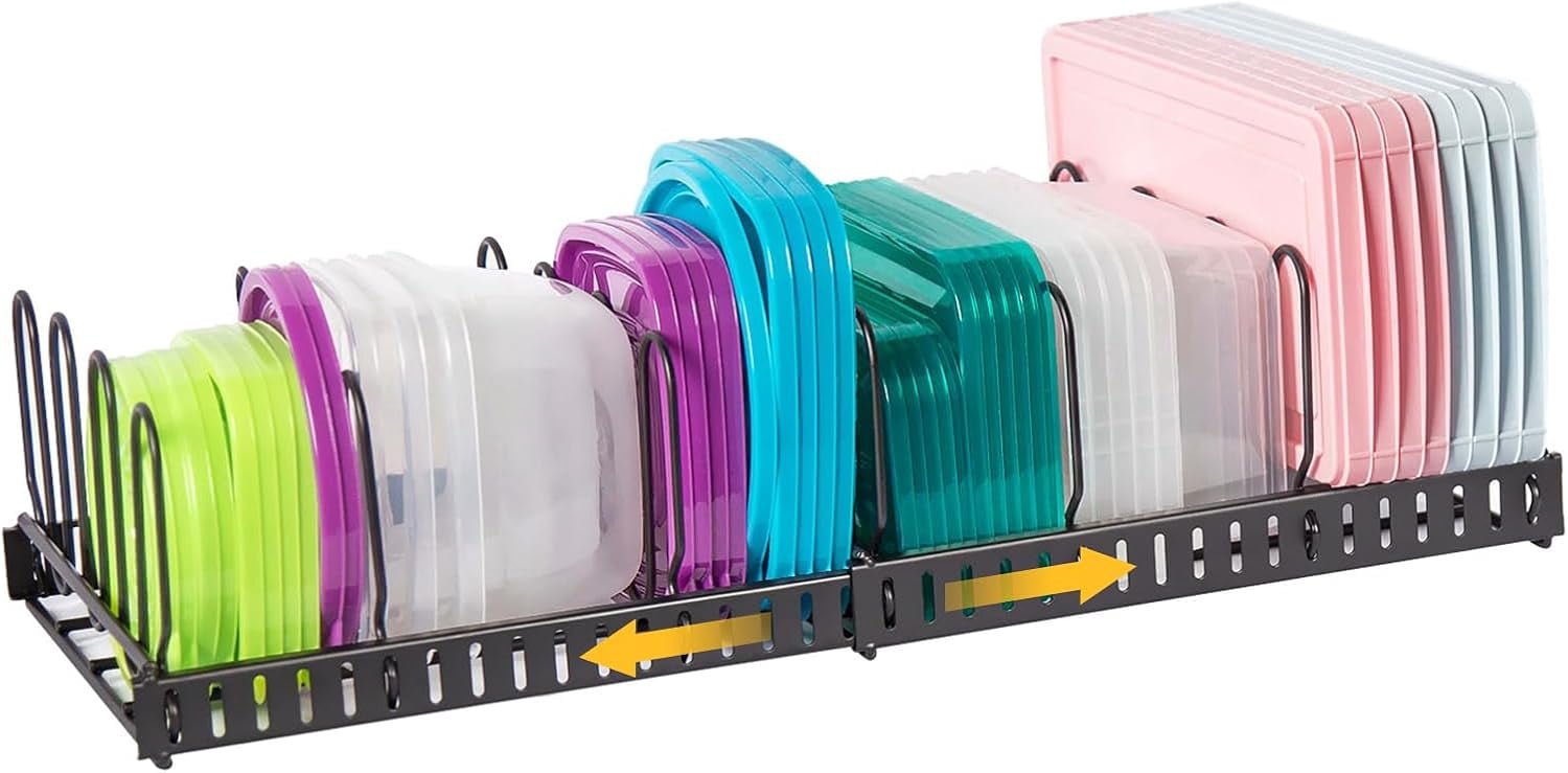 Expandable Food Container Lid Organizer,Large Capacity Adjustable 8 Dividers Detachable Lid Organizer Rack for Cabinets, Cupboards, Pantry Shelves, Drawers Keep Kitchen Tidy,Black 10.2”wide,3.6 Pound