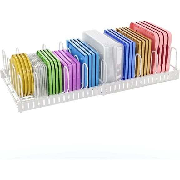 XCOSRACK Expandable Food Container Lid Organizer for Drawers & Cabinets, Heavy Duty Carbon Steel Storage Rack with 10 Adjustable Dividers, U-Shaped Slots Keep Lids Upright