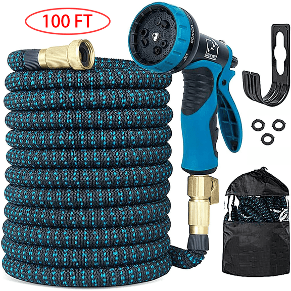 Expandable Garden Hose 100ft Upgraded,Flexible Lightweight Water Hose with 10 Way Spray Nozzle,Durable 4-Layer Latex Core,3/4? Solid Brass Fittings,Easy Store No Kink Leakproof Expanding Pipe