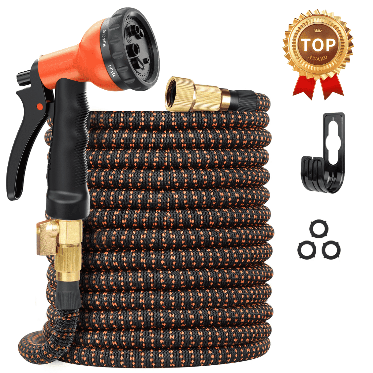 Expandable Garden Hose 50ft Flexible Water Hoses for Outside with 8-Pattern Spray Nozzle Upgraded No-Kink Expanding Garden Hose(Black/Org)