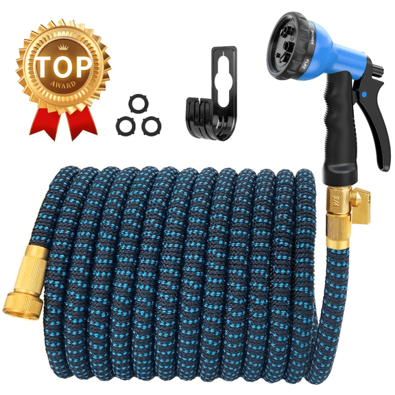 SUNDAN Expandable Garden Hose 50ft No Kink Flexible Water Hoses for Outdoor with 8-Pattern Spray Nozzle(Black/Blue)