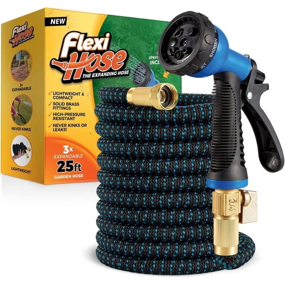 Expandable Garden Hose with 8-Function Nozzle 25 Ft Lightweight Retractable Water Hose No-Kink Flexibility 3 4 Inch Brass Fittings Double Latex Core