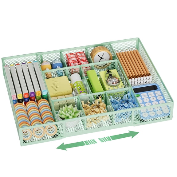 Expandable-Green Expandable Desk Drawer Organizer Mesh Tray for Office Supplies, Makeup and Vanity