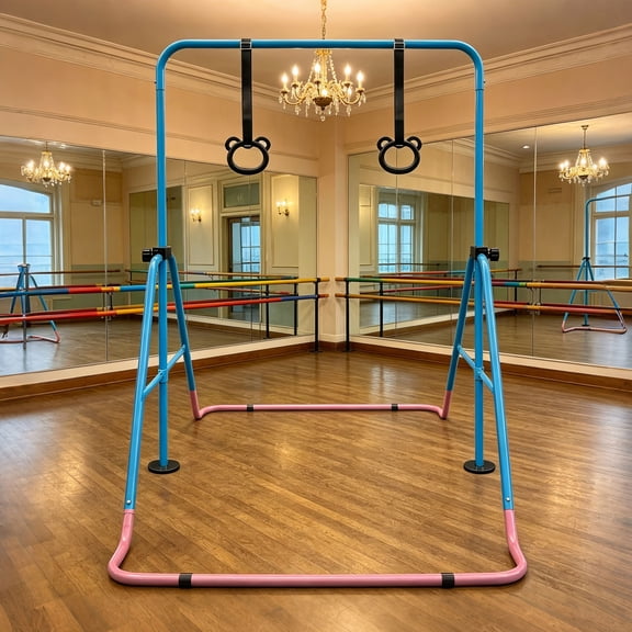 Expandable Gymnastics Bar for Kids in Pink and Blue - Adjustable Height Junior Training Bar for Home Use