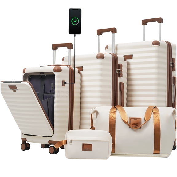 Expandable Hardside Spinner Luggage 5-Piece Set with USB Port, TSA Lock, Front Pocket & Cup Holder in Brown/White
