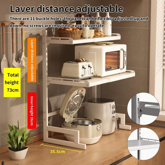 Expandable Height Adjustable Microwave Oven Rack 3-Tier Heavy Duty Stand Countertop Storage with 6 Hooks for Kitchen Utensils Toaster Rice Cooker - White