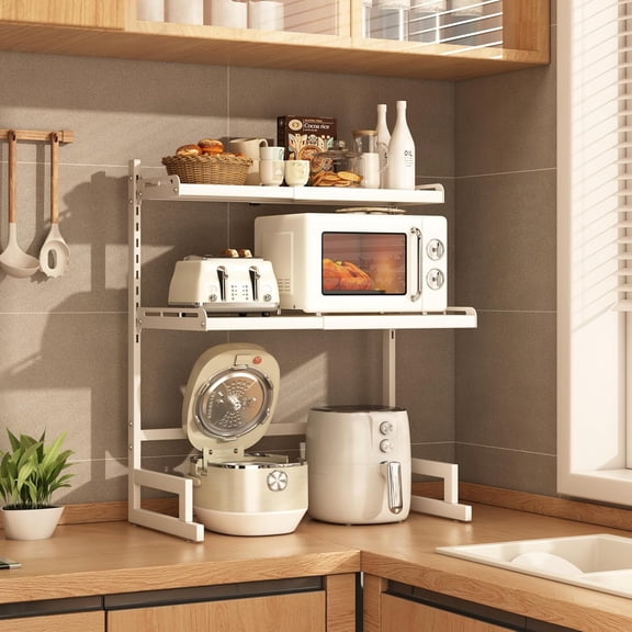Expandable And Height Adjustable Microwave Oven Rack, 3-Tier Shelf Heavy Duty Stand Countertop Kitchen Utensils Tableware Storage,Seasoning/Toaster/Rice Cooker Rack with 6 Hooks (White, 3 tiers)