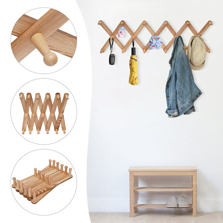 Expandable Hook Wood Wall Peg Rack - Wooden Expanding Accordion Style Coat Rack, Size: 30, Brown