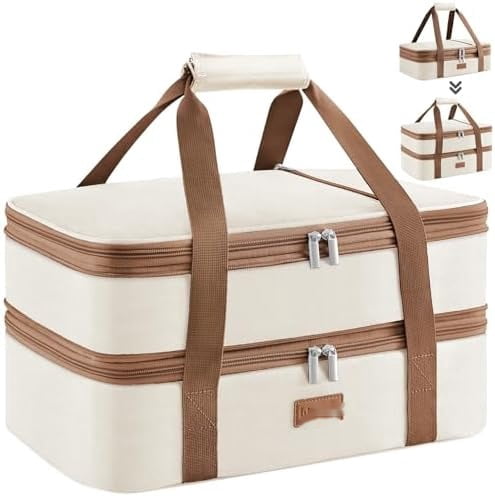 Expandable Insulated Casserole Carrier for Hot or Cold Food, Double Decker Food Bag Lasagna Holder Carry Tote for Potluck Parties/Picnic/Cookouts, Fits 9"x13" Baking Dish, Cream - Walmart.com
