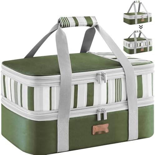Expandable Insulated Casserole Carrier for Hot or Cold Food, Double Decker Food Bag Lasagna Holder Carry Tote for Potluck Parties/Picnic/Cookouts, Fits 9"x13" Baking Dish, Dark green