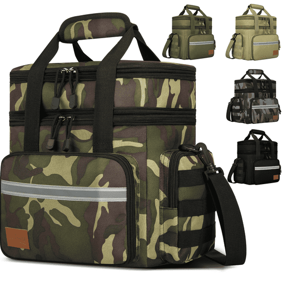 Expandable Insulated Lunch Bag w/ Leakproof Design - 24 Can Capacity, Double Deck Cooler Box with Adjustable Shoulder Strap/Side Pockets for Men & Women - Durable for Work/Travel/Outdoor, Camo Green