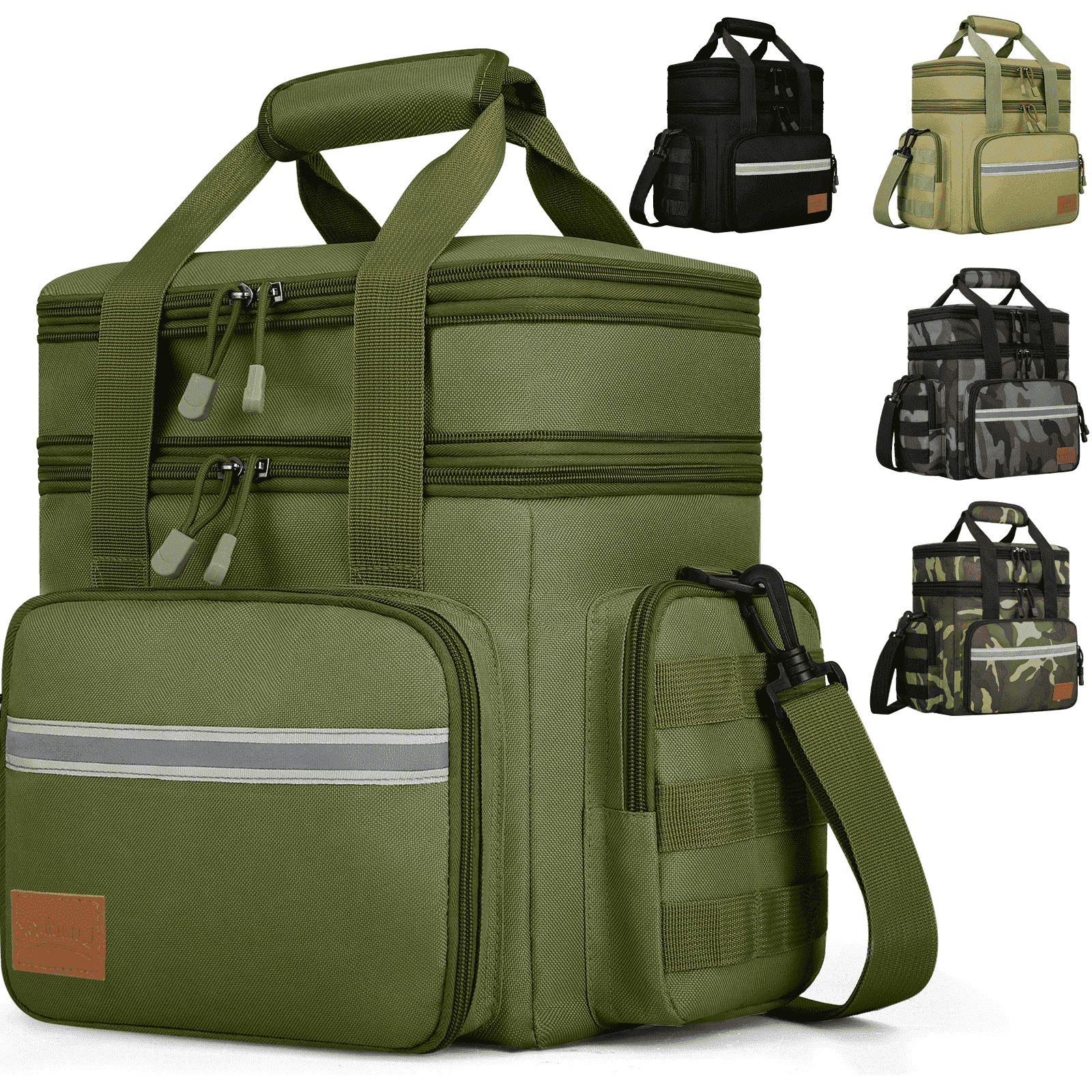 Expandable Insulated Lunch Bag w/Leakproof Design - 24 Can Capacity, Double Deck Cooler Box with Adjustable Shoulder Strap & Side Pockets for Men & Women - Durable for Work, Travel, Outdoor, Green