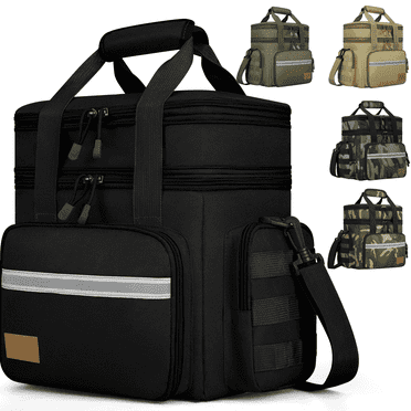 Expandable Insulated Lunch Bag w/Leakproof Design - 24 Can Capacity, Double Deck Cooler Box with Adjustable Shoulder Strap & Side Pockets for Men & Women - Durable for Work, Travel, Outdoor, Black