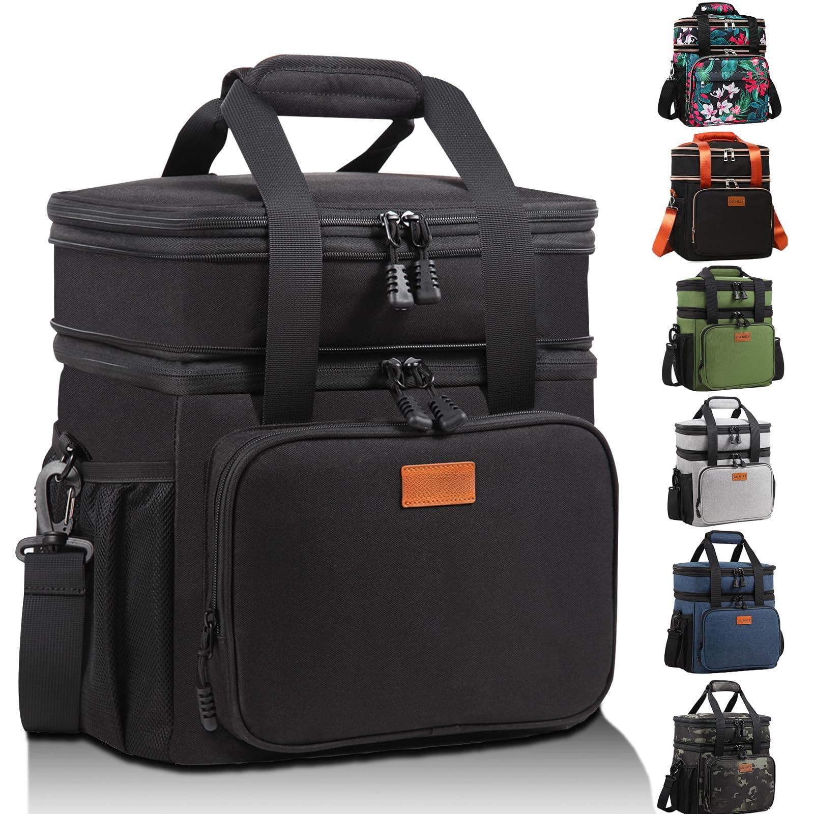 Expandable Insulated Large Lunch Box  Double Deck Heavy Duty Durable Bag Leakproof Cooler Bags For Men Women Adults Work Shift Flight Beach Daytrip 20 Can Black