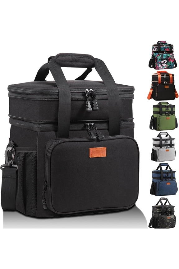 Expandable Insulated Large Lunch Box, Double Deck Heavy Duty Durable Lunch Bag Leakproof Cooler Bags for Men Women Adults Work Shift Flight Beach Daytrip, 20 Can, Black,