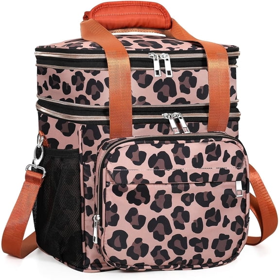 Expandable Insulated Lunch Box, Double Deck Lightweight Large Lunch Bag Tote Leakproof Cooler Bags for Women Adults Work Outdoor Picnic Daytrip, Leopard, 16L
