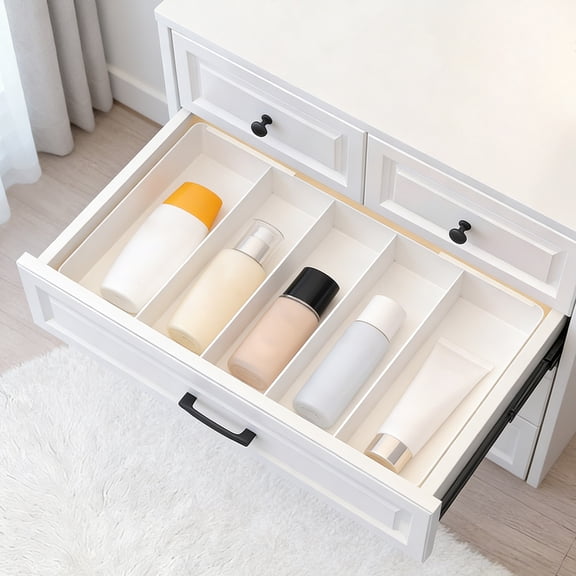 Expandable Junk Drawer Desk Organizer Tray with Adjustable Divider Max Length 20.28 inches Compact Desk Storage Accessories for Makeup Table Kitchen Office 3 up to 5 Adjustable Compartments (A)