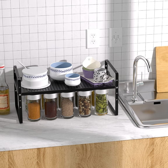 Expandable Kitchen Cabinet Shelf Organizers 2 Pack, Stackable Metal Pantry Storage Shelves Rack, Adjustable Counter Shelf for Cabinets, Countertop, Cupboard Organizers and Storage, Black