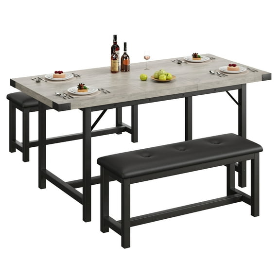 Expandable Kitchen Dining Table Set - 63" Extension Table with 2 Padded Benches, Seats 4 to 6, Space Saving Design, Metal Frame, Easy Setup for Small Homes, Apartments, Breakfast Nooks– Rustic Gray