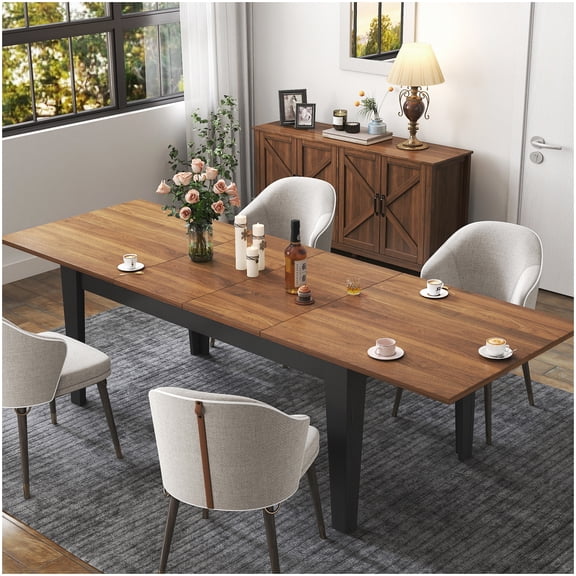 Expandable Kitchen Dining Table, Walnut Woodgrain Top & Black Metal Frame, Large Conference Desk