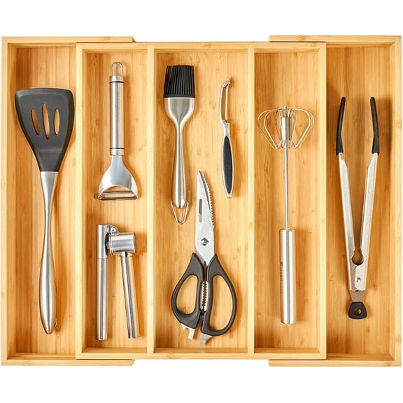 Expandable Kitchen Drawer Organizer, 2.5" High Bamboo Utensils Silverware Tray, Adjustable Large Deep Wood Organization Holder