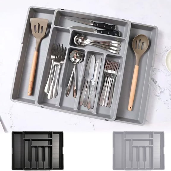 Expandable Kitchen Drawer Organizer | Silverware Storage Tray | Adjustable Utensil Caddy | Durable Polypropylene | Gray or Black | Multiple Compartments | 55x40x5cm | 1 Pack