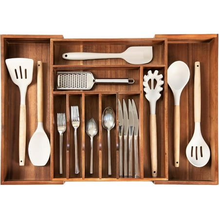 Expandable Kitchen Drawer Organizer with 10 Compartments, 14.5 to 25 Inches Wide, Natural Acacia Wood Finish