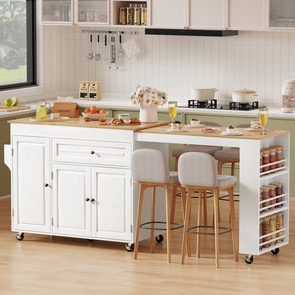 Expandable Kitchen Island with Storage and Drawer on Wheels, Black | Expands from 48.4 to 82.6 inches. Rubberwood tabletop. Spacious drawer, 2 cabinets, 2 shelves, spice rack & towel bar