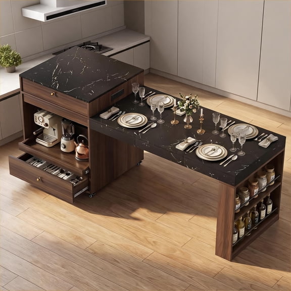 Expandable Kitchen Island with Dining Table Seats 6-8, Built-in Power Outlet, Ample Storage, Warm Brown