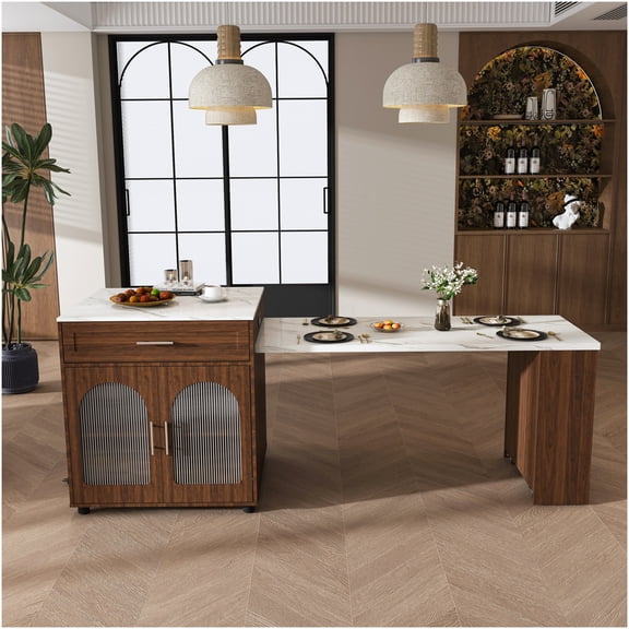 Expandable Kitchen Island with Marble Top & Power Outlet, Mobile Prep Cart with Storage Cabinet & Drawers, Walnut Finish Kitchen Dining Table