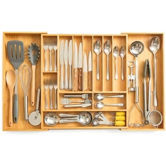 Expandable Kitchen Organizer Adjustable 33 Wide Utensil Kitchen Drawer with 11 Compartments, Natural Solid Bamboo Construction for Flatware$$Home Decor, Kitchen, & Other