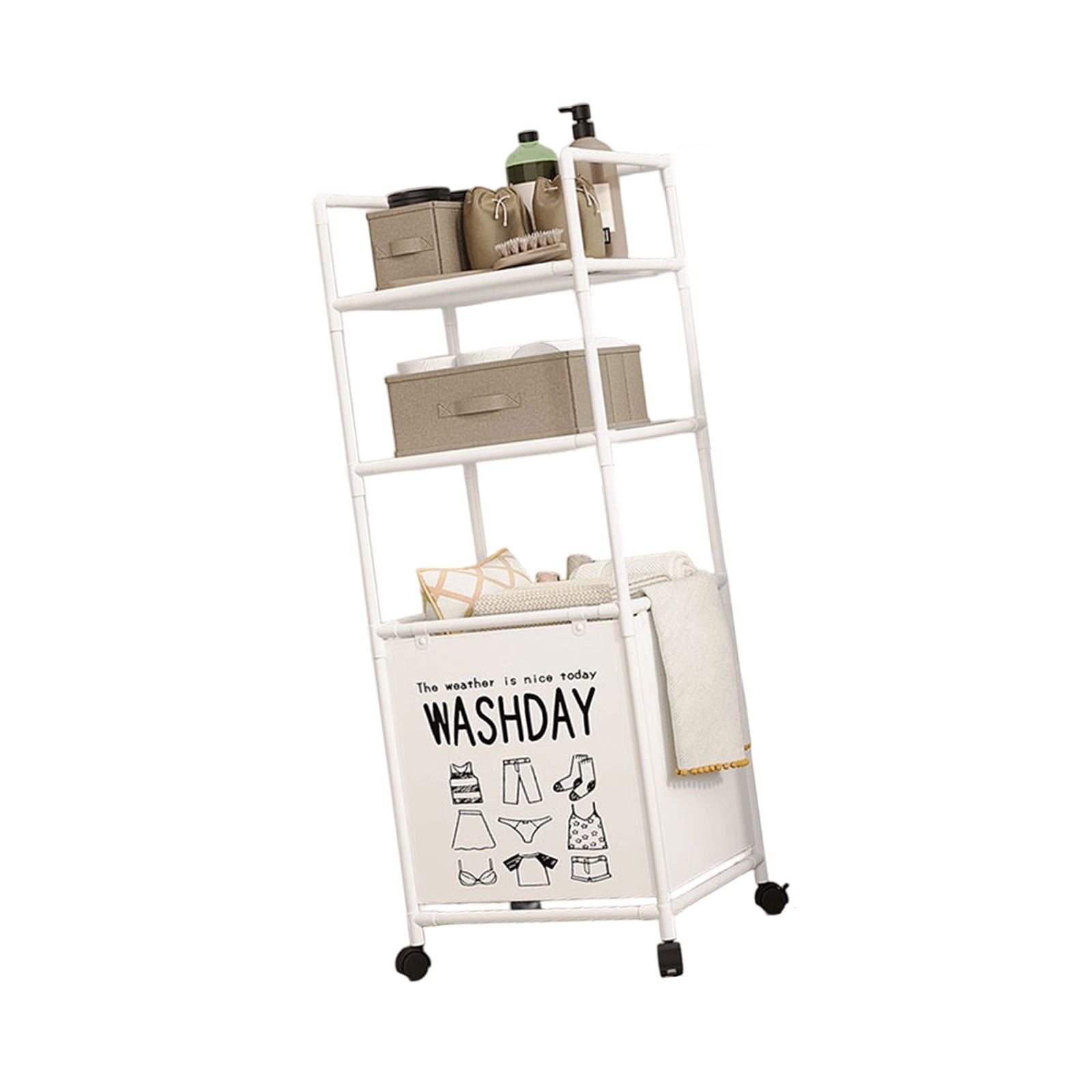 Expandable Laundry Hamper with Rolling Wheels Foldable Metal Frame Multiple Layer Storage Basket for Bedroom