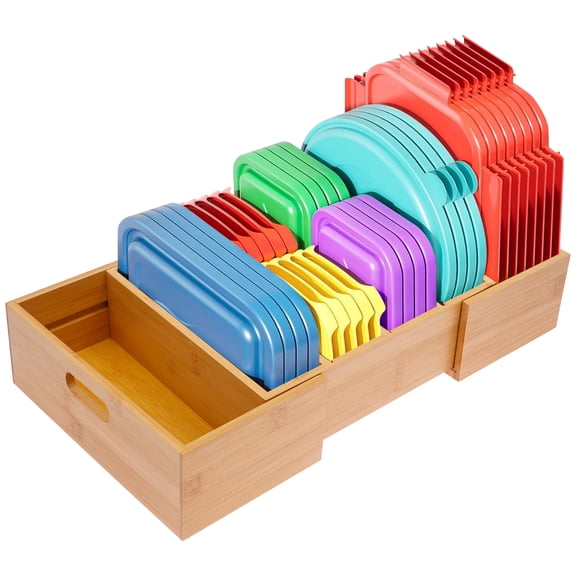 Expandable Lid Organizers Expandable from 30cm to 49cm Bamboo Kitchen Cabinet Organizers with 3 Adjustable Dividers Storage Food Container Lid Holder Multipurpose for Drawer Pantry