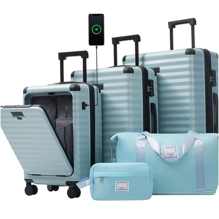 Expandable Light Blue ABS 5-Piece Luggage Set with USB Port, TSA Lock, Front Pocket & Spinner Wheels for Carry On