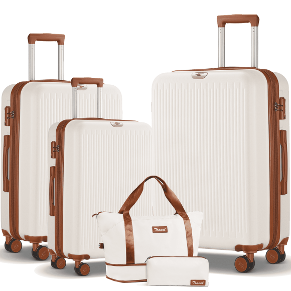 Expandable Luggage 3 Piece Sets Hardside Suitcase Set with Expandable Travel Duffle Bag,White Brown