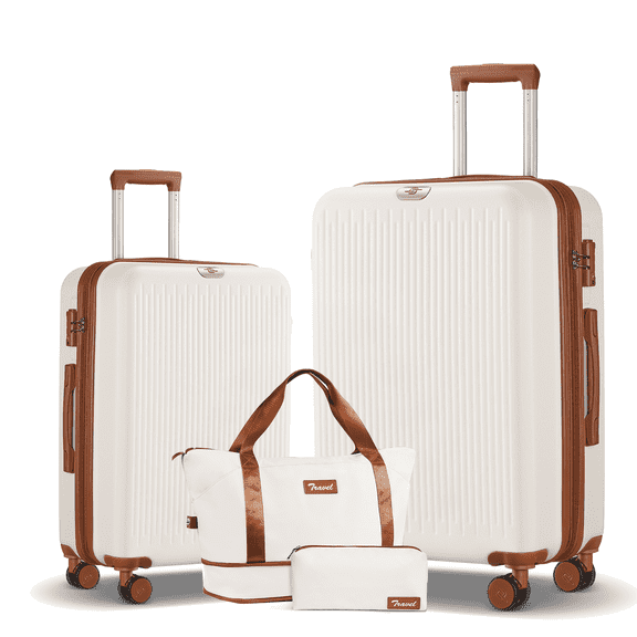Expandable Luggage 4 Piece Sets, 20+28" Luggage Travel Suitcase with Duffle Bags,White&Brown