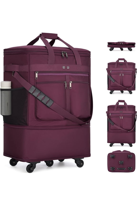 Expandable Luggage Bags for Travel Foldable Suitcase with Wheels Collapsible Rolling Travel Duffle Bag Lightweight Large Suitcases without Telescoping Handle, Purple
