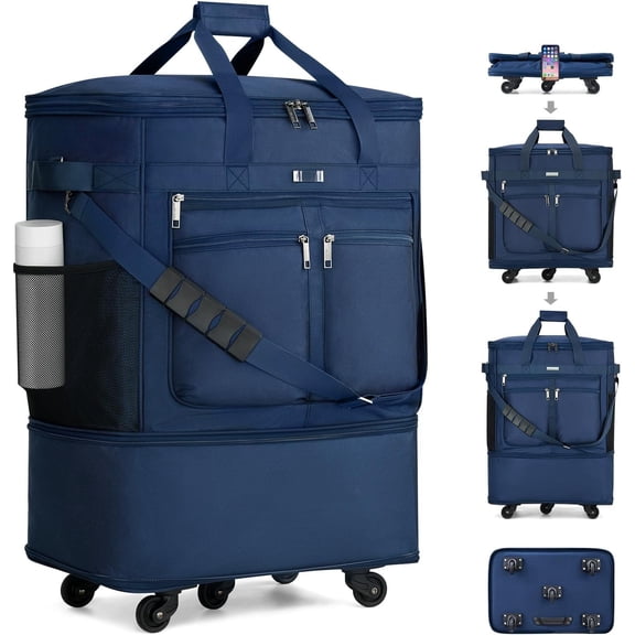Expandable Luggage Bags for Travel Foldable Suitcase with Wheels Collapsible Rolling Travel Duffle Bag Lightweight Large Suitcases without Telescoping Handle, Blue