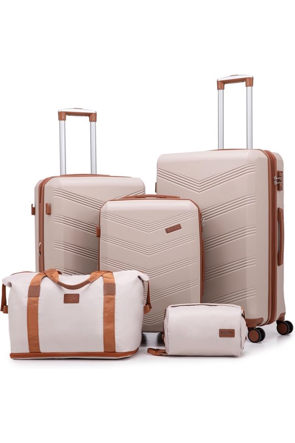 Expandable Luggage Sets 5 count, Hard Case Suitcase Set with Spinner Wheels,22x14x9 Airline Approved Carry ,Lightweight Durable Suitcase with TSA Lock (Beige)