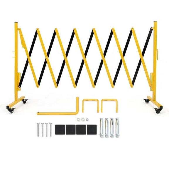 Expandable Metal Barricade, 11FT Folding Security Gate with Wheels, Retractable Driveway Gate, Flexible Mobile Barricade Safety Barrier, Yellow/Black