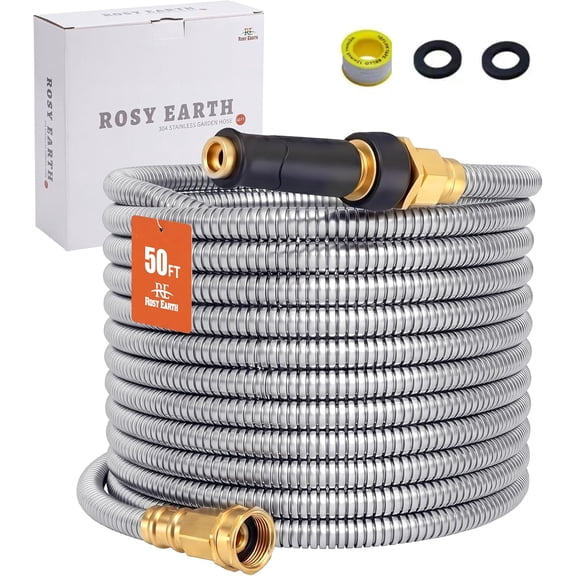 Expandable Metal Garden Hose 50 FT 304 Stainless Steel, Non-Kinking, Lightweight, 3/8-Inch ID