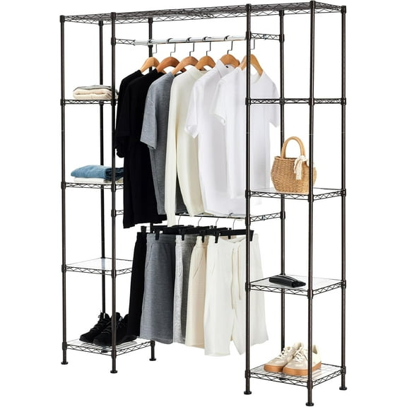 Expandable Metal Hanging Closet Organizer and Storage Rack Wardrobe with Shelves