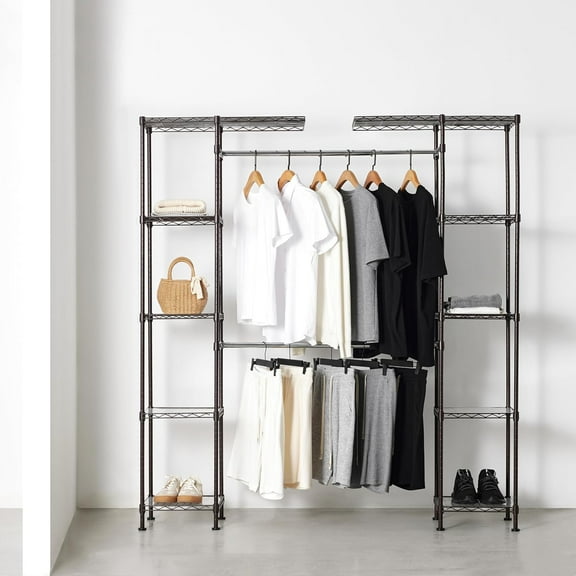 Expandable Metal Hanging Closet Organizer and Storage Rack Wardrobe with Shelves, 57-80''L x 14''W x 72''H, Bronze