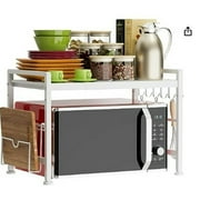 Expandable Metal Microwave Oven Rack Shelf Kitchen Supplies Tableware Storage Carbon Stainless Steel Counter Rice Cooker Stand Contains 2 Tiers, White