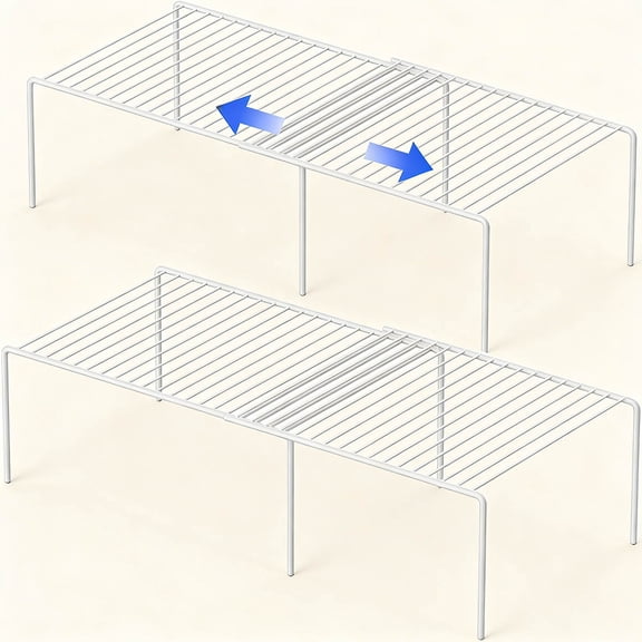 Expandable Metal Rustproof Storage Shelf Rack, Kitchen Counter and Cabinet Organizer, Space Saver for Fridge, Bathroom, White, Set of 2