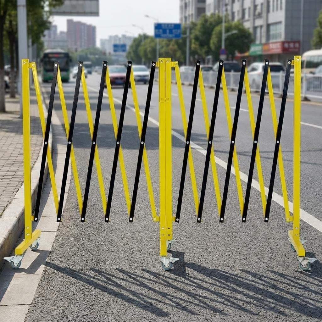Expandable Metal Safety Barricade Gate – 20 FT, Portable Retractable with Wheels, Yellow & Black for Construction, Parking, Crowd Control