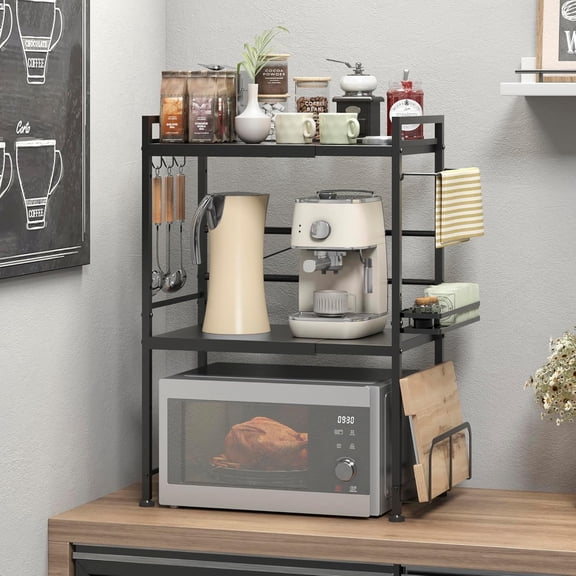 Expandable Microwave Oven Rack with 6 Hooks, 3-Tier Carbon Steel Kitchen Storage Cart for Countertop, Adjustable Height & Width Shelf Stand