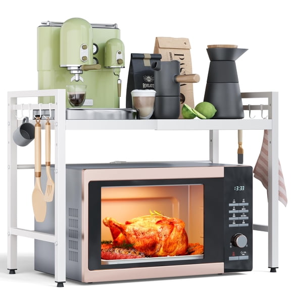 Expandable Microwave Stand 2 Tier Metal Kitchen Countertop Organizer Shelves With 8 Hooks Bakers Rack Shelf Oven 55lbs Weight Capacity
